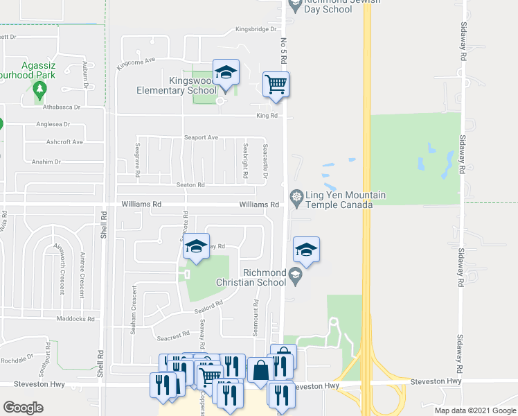 map of restaurants, bars, coffee shops, grocery stores, and more near 11740 Williams Road in Richmond