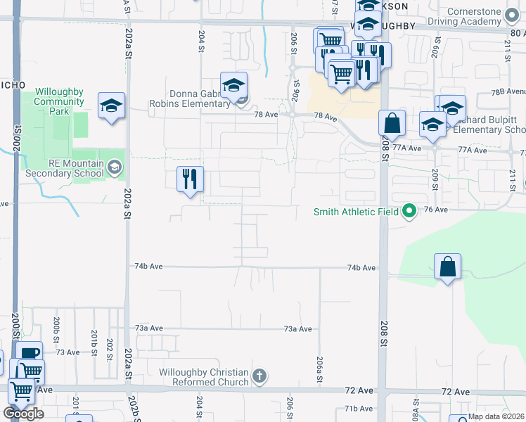 map of restaurants, bars, coffee shops, grocery stores, and more near 20540 76 Avenue in Langley Township
