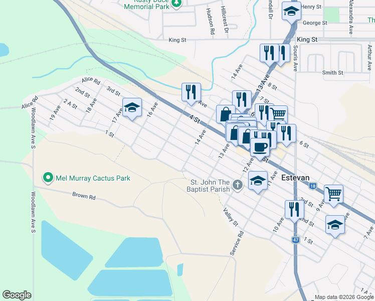map of restaurants, bars, coffee shops, grocery stores, and more near 1338 2nd Street in Estevan