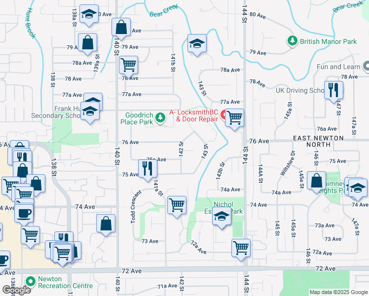 map of restaurants, bars, coffee shops, grocery stores, and more near 7580 142 Street in Surrey