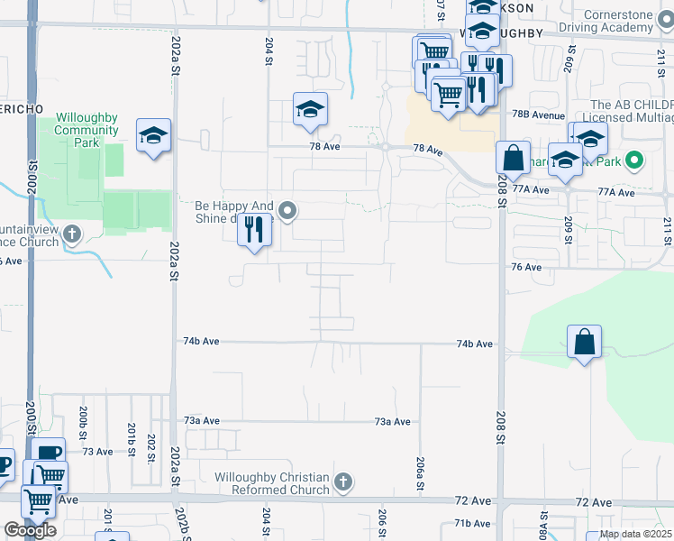 map of restaurants, bars, coffee shops, grocery stores, and more near 20524 76 Avenue in Langley Township