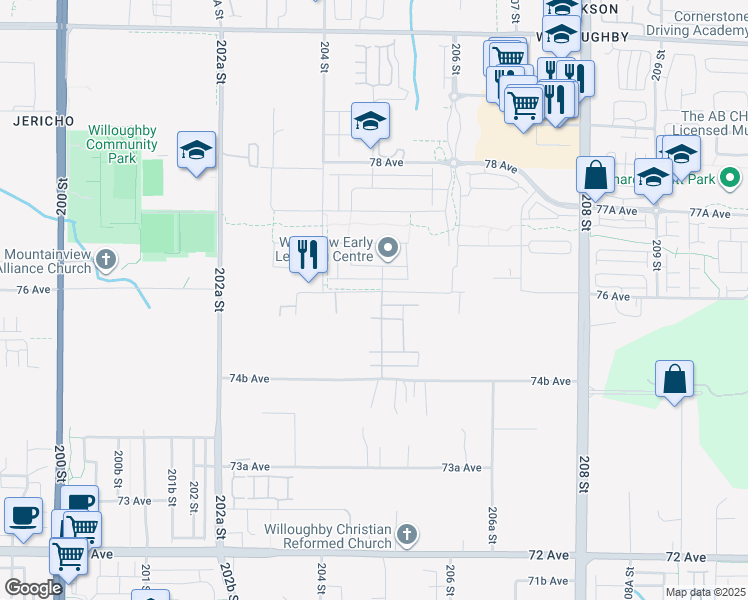 map of restaurants, bars, coffee shops, grocery stores, and more near 20482 76 Avenue in Langley Township