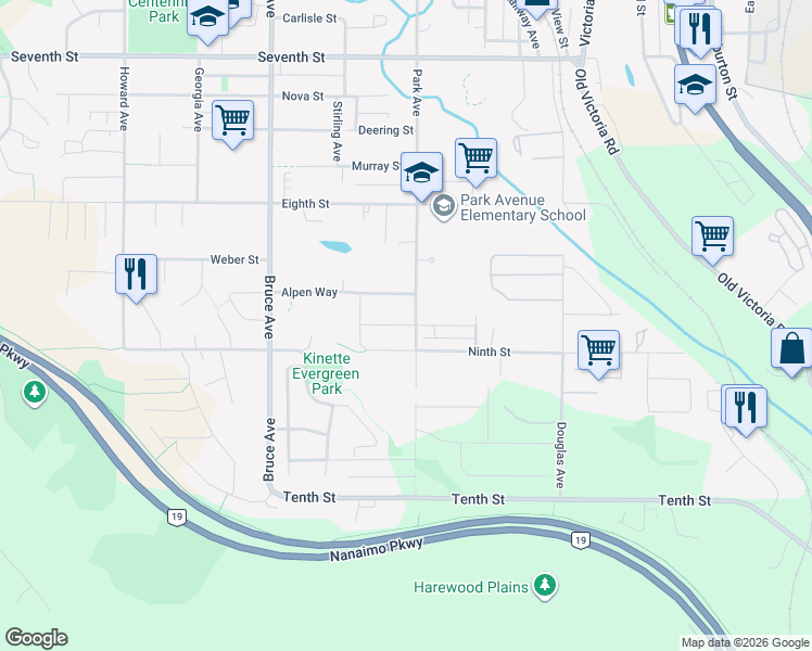 map of restaurants, bars, coffee shops, grocery stores, and more near 422 Ninth Street in Nanaimo