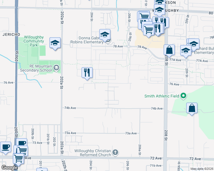 map of restaurants, bars, coffee shops, grocery stores, and more near 20484 76 Avenue in Langley Township