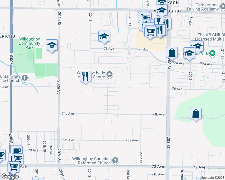 map of restaurants, bars, coffee shops, grocery stores, and more near 20522 76 Avenue in Langley Township