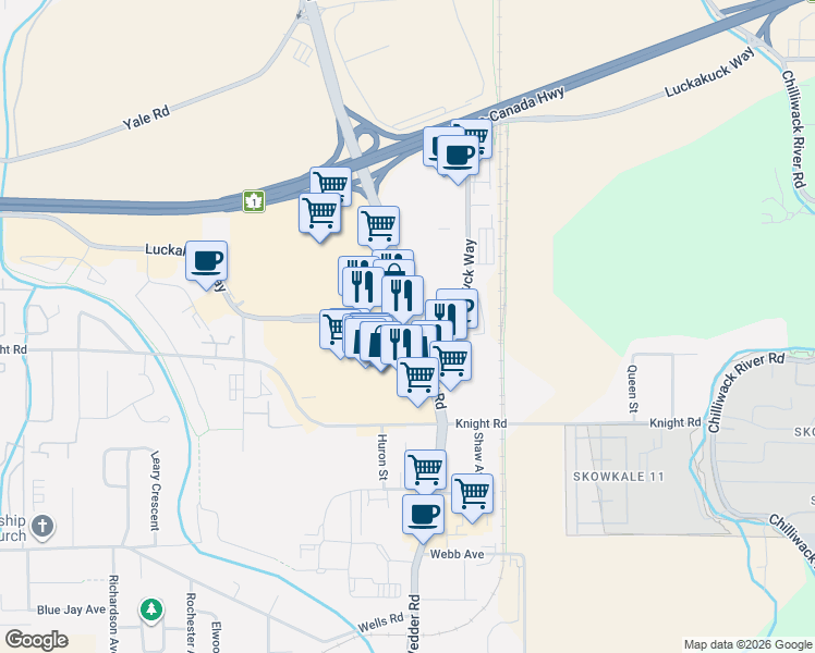 map of restaurants, bars, coffee shops, grocery stores, and more near Standeven Road in Chilliwack