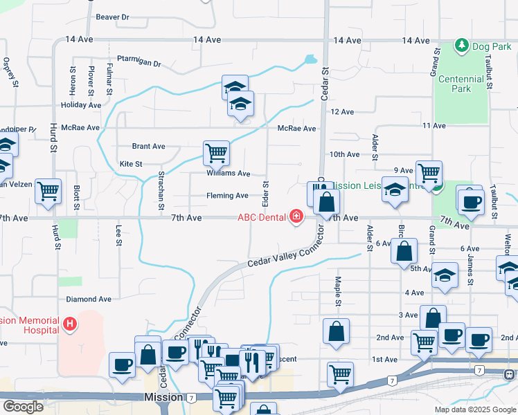 map of restaurants, bars, coffee shops, grocery stores, and more near 7621 Eider Street in Mission
