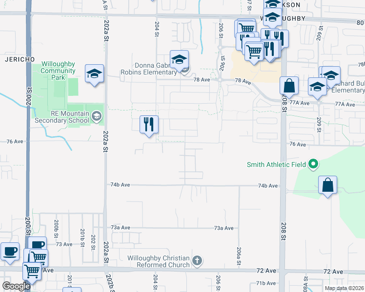 map of restaurants, bars, coffee shops, grocery stores, and more near 20484 76 Avenue in Langley Township