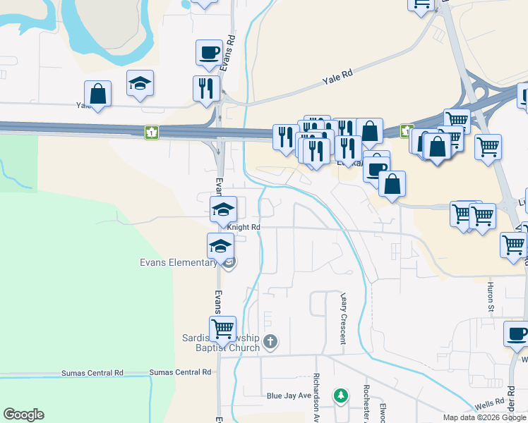 map of restaurants, bars, coffee shops, grocery stores, and more near 7610 Evans Road in Chilliwack