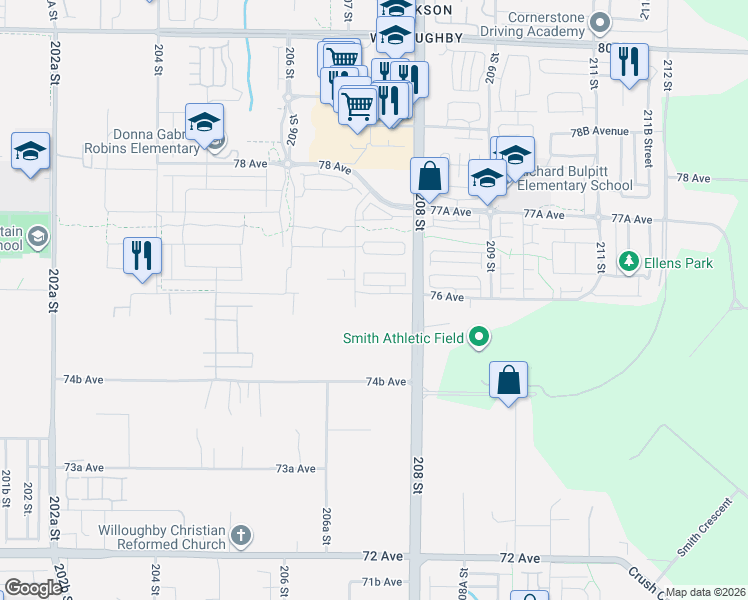 map of restaurants, bars, coffee shops, grocery stores, and more near 7574 207 Street in Langley Township