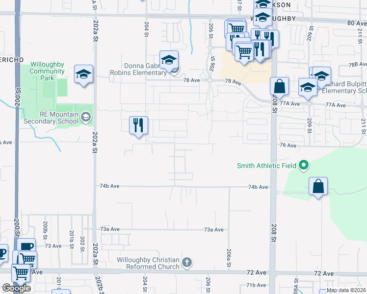 map of restaurants, bars, coffee shops, grocery stores, and more near 20528 76 Avenue in Langley Township