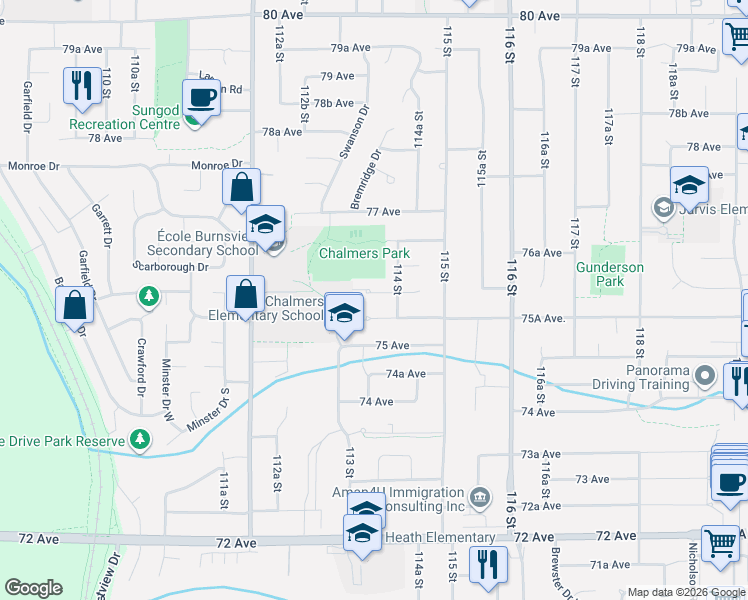 map of restaurants, bars, coffee shops, grocery stores, and more near 11394 75A Avenue in Delta