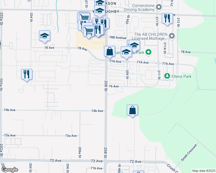 map of restaurants, bars, coffee shops, grocery stores, and more near 7547 208 Street in Langley