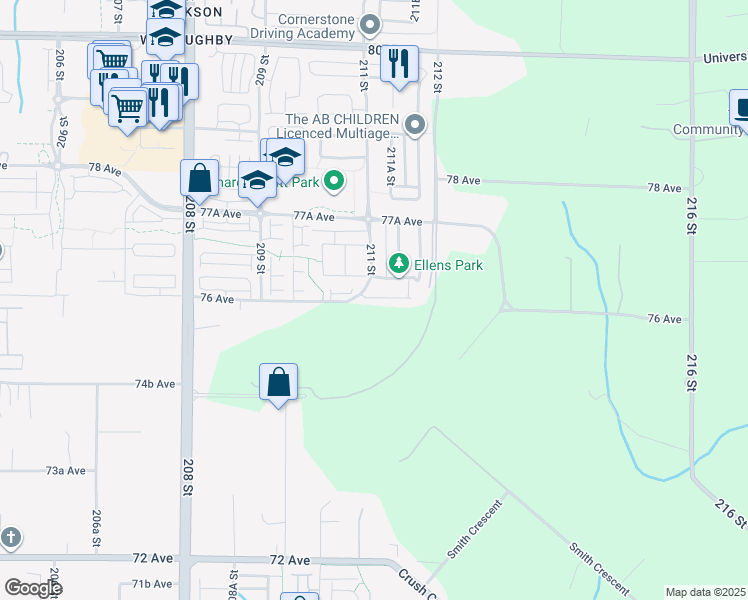 map of restaurants, bars, coffee shops, grocery stores, and more near in Langley Township