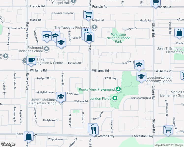 map of restaurants, bars, coffee shops, grocery stores, and more near 10020 Number 2 Road in Richmond