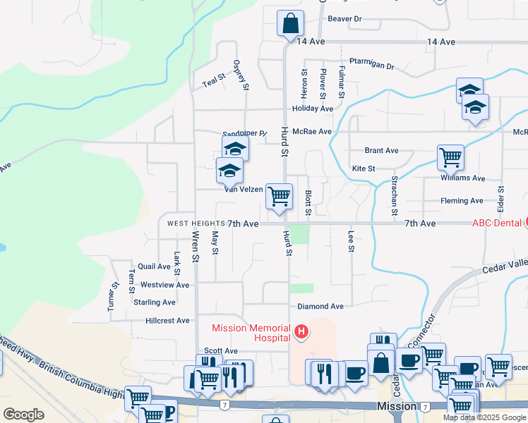 map of restaurants, bars, coffee shops, grocery stores, and more near 32165 7th Avenue in Mission