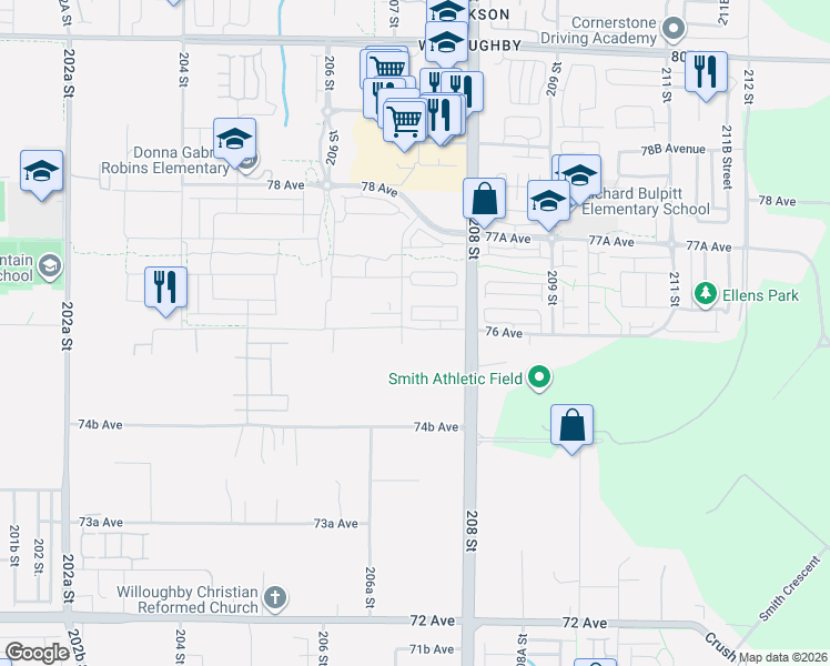 map of restaurants, bars, coffee shops, grocery stores, and more near 7547 208 Street in Langley City