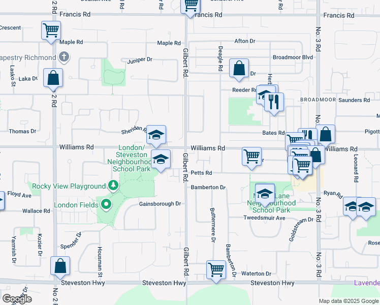 map of restaurants, bars, coffee shops, grocery stores, and more near 7031 Petts Road in Richmond