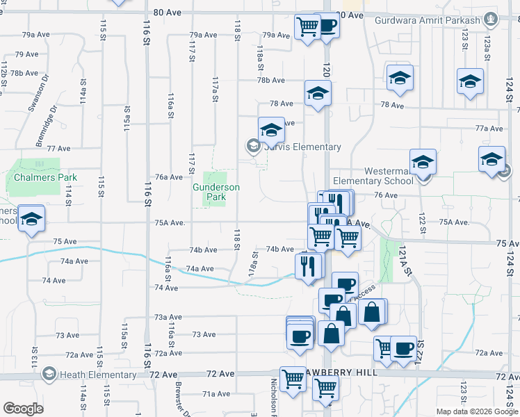 map of restaurants, bars, coffee shops, grocery stores, and more near 11892 Gilmour Crescent in Delta