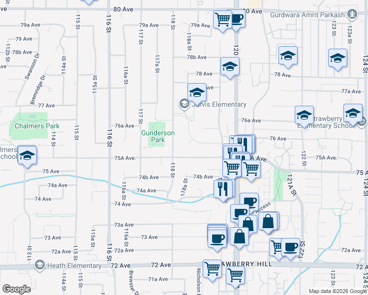 map of restaurants, bars, coffee shops, grocery stores, and more near 11890 Gilmour Crescent in Delta