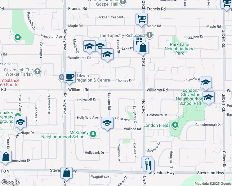map of restaurants, bars, coffee shops, grocery stores, and more near 5506 Williams Road in Richmond