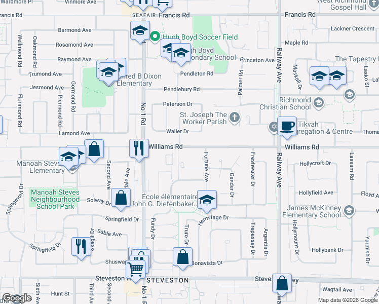 map of restaurants, bars, coffee shops, grocery stores, and more near 4246 Williams Road in Richmond