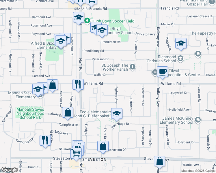 map of restaurants, bars, coffee shops, grocery stores, and more near 4191 Williams Road in Richmond