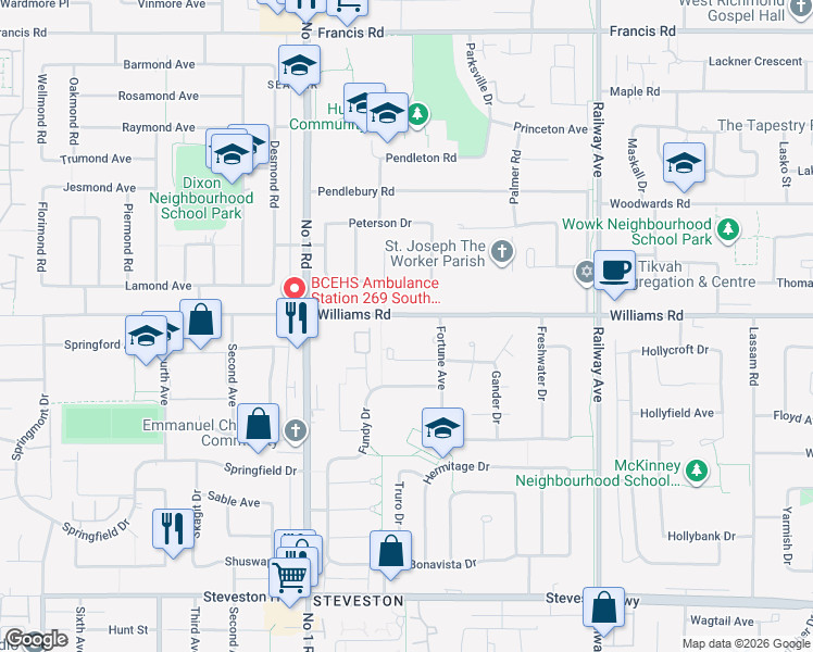 map of restaurants, bars, coffee shops, grocery stores, and more near 4246 Williams Road in Richmond