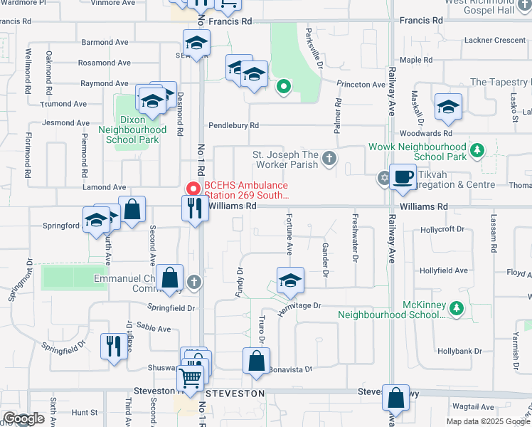 map of restaurants, bars, coffee shops, grocery stores, and more near 4242 Williams Road in Richmond