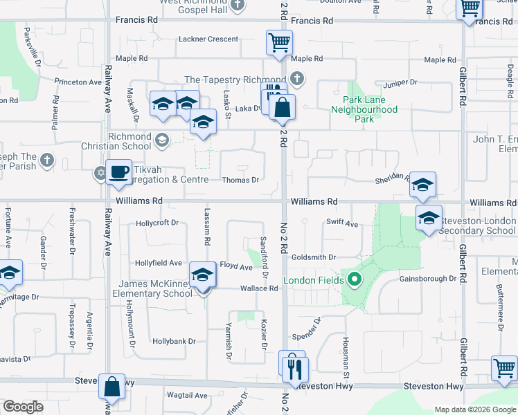 map of restaurants, bars, coffee shops, grocery stores, and more near 9562 Thomas Drive in Richmond