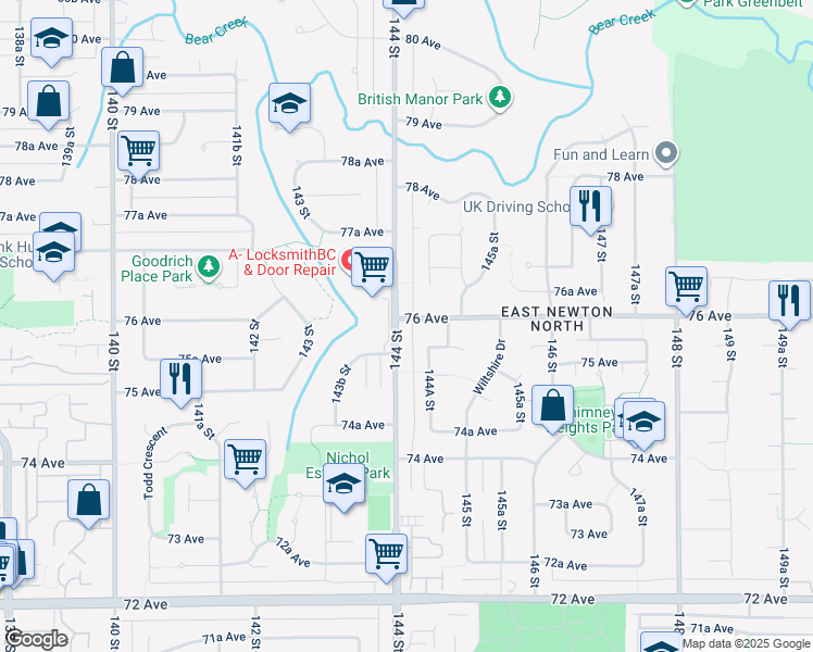 map of restaurants, bars, coffee shops, grocery stores, and more near 7596 144 Street in Surrey