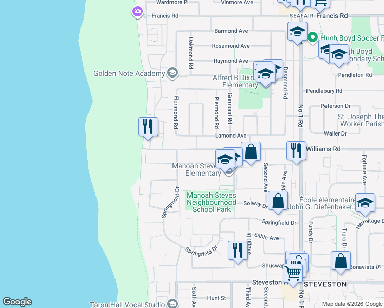 map of restaurants, bars, coffee shops, grocery stores, and more near 3420 Williams Road in Richmond