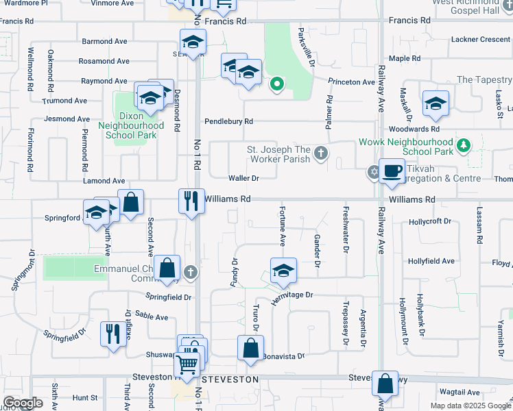 map of restaurants, bars, coffee shops, grocery stores, and more near 4228 Williams Road in Richmond
