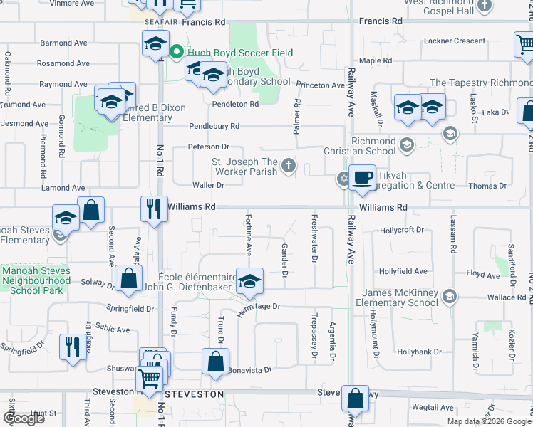 map of restaurants, bars, coffee shops, grocery stores, and more near 4460 Williams Road in Richmond