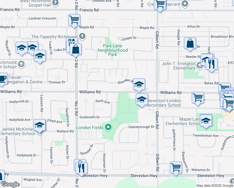 map of restaurants, bars, coffee shops, grocery stores, and more near 6426 Williams Road in Richmond