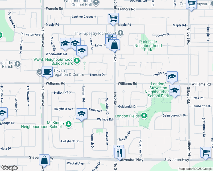 map of restaurants, bars, coffee shops, grocery stores, and more near 5702 Williams Road in Richmond