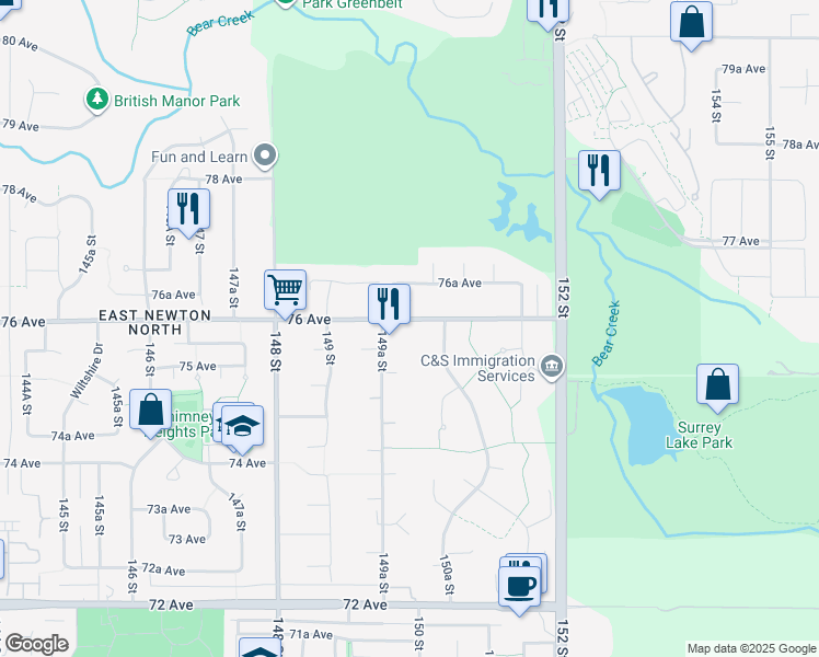 map of restaurants, bars, coffee shops, grocery stores, and more near 14992 76 Avenue in Surrey