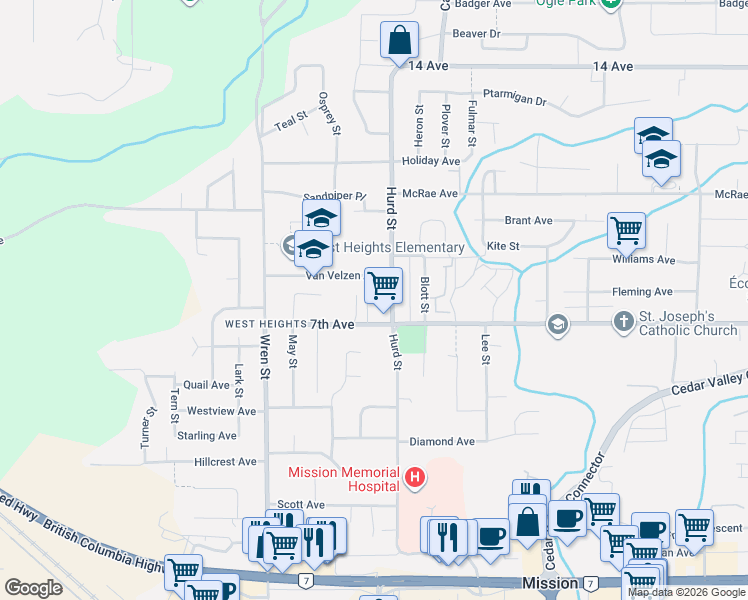 map of restaurants, bars, coffee shops, grocery stores, and more near 32165 7th Avenue in Mission