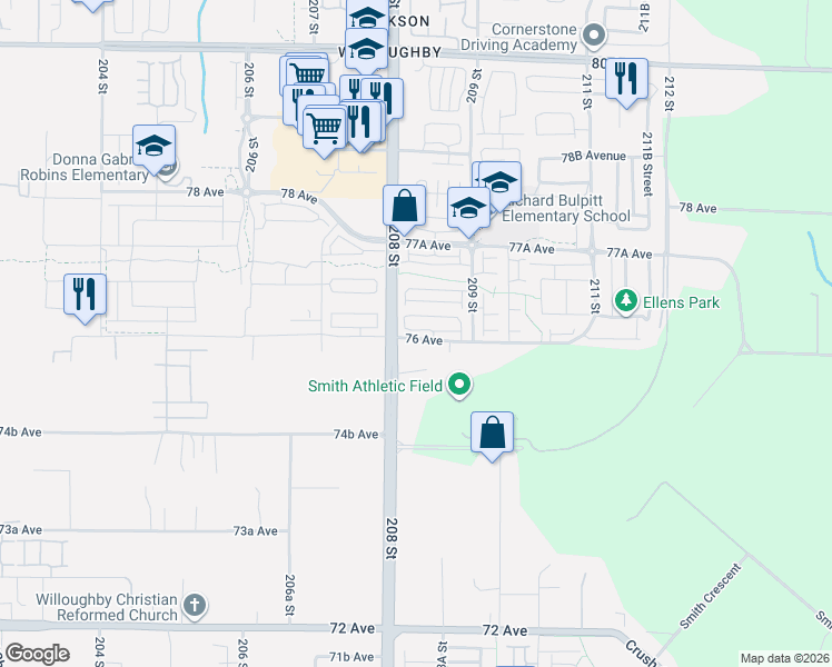 map of restaurants, bars, coffee shops, grocery stores, and more near in Langley Township