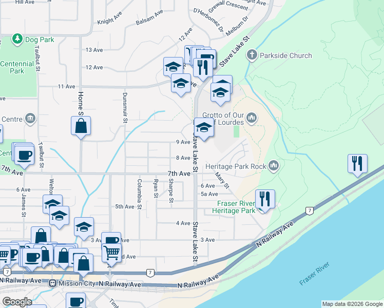 map of restaurants, bars, coffee shops, grocery stores, and more near 33630 9 Avenue in Mission