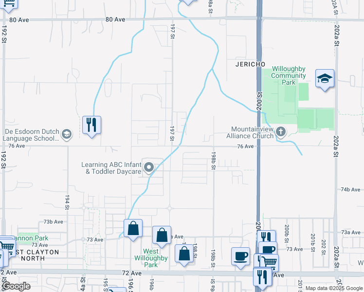 map of restaurants, bars, coffee shops, grocery stores, and more near 19758 76 Avenue in Langley Township