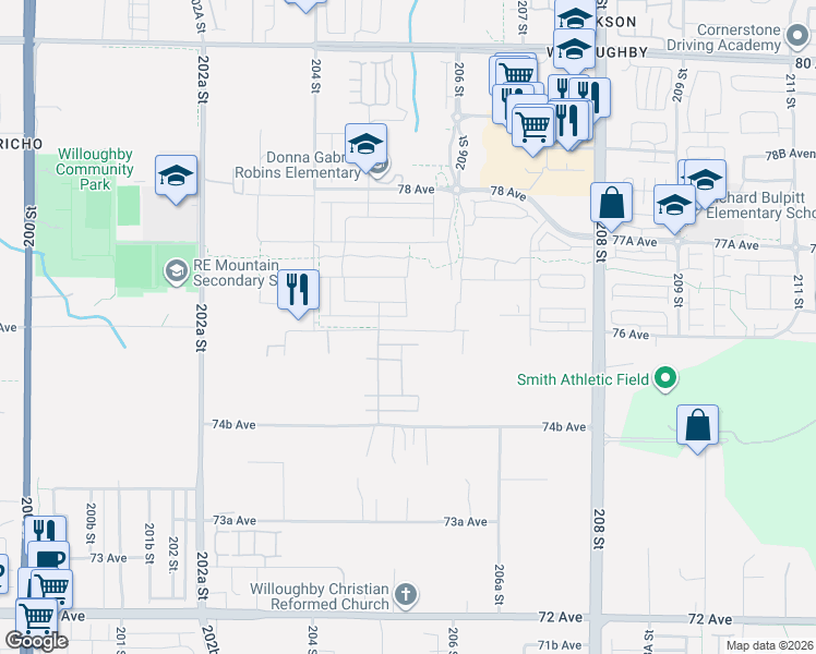 map of restaurants, bars, coffee shops, grocery stores, and more near 20545 76 Avenue in Langley Township