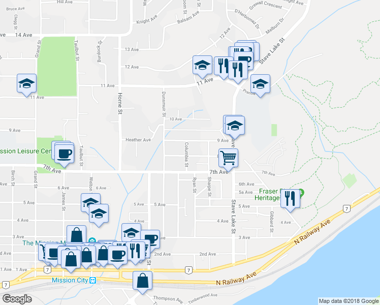 map of restaurants, bars, coffee shops, grocery stores, and more near 33515 8 Avenue in Mission