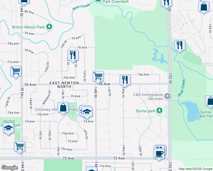 map of restaurants, bars, coffee shops, grocery stores, and more near 7599 149 Street in Surrey