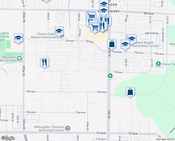 map of restaurants, bars, coffee shops, grocery stores, and more near 20661 76 Avenue in Langley Township