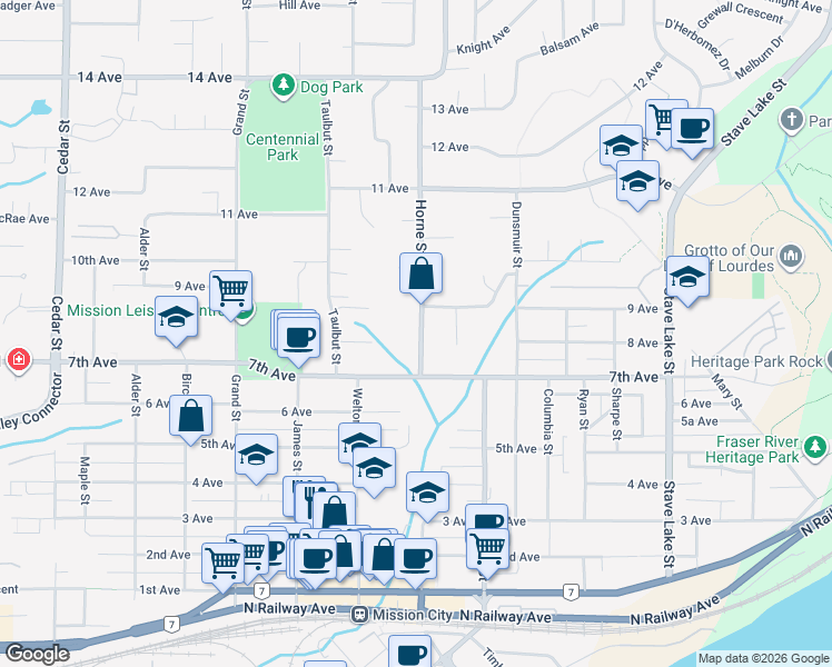 map of restaurants, bars, coffee shops, grocery stores, and more near 7629 Horne Street in Mission
