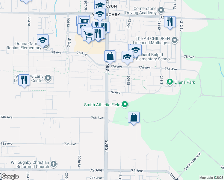 map of restaurants, bars, coffee shops, grocery stores, and more near 20856 76 Avenue in Langley Township