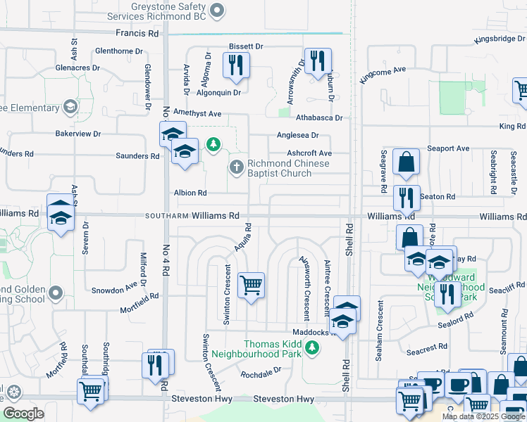map of restaurants, bars, coffee shops, grocery stores, and more near 10411 Williams Road in Richmond
