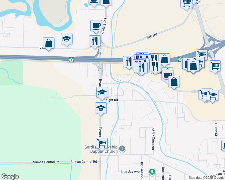 map of restaurants, bars, coffee shops, grocery stores, and more near 7610 Evans Road in Chilliwack