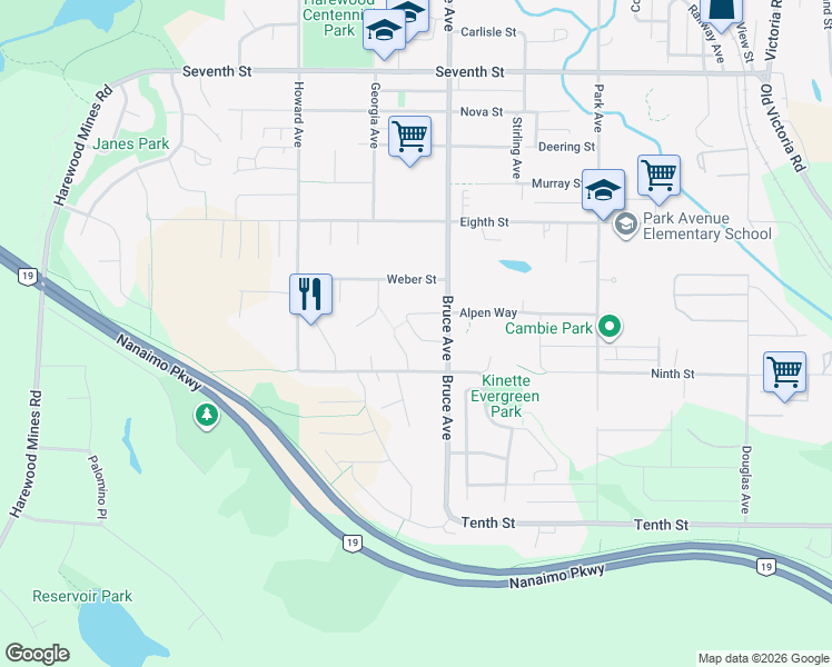map of restaurants, bars, coffee shops, grocery stores, and more near Weeks Crescent in Nanaimo
